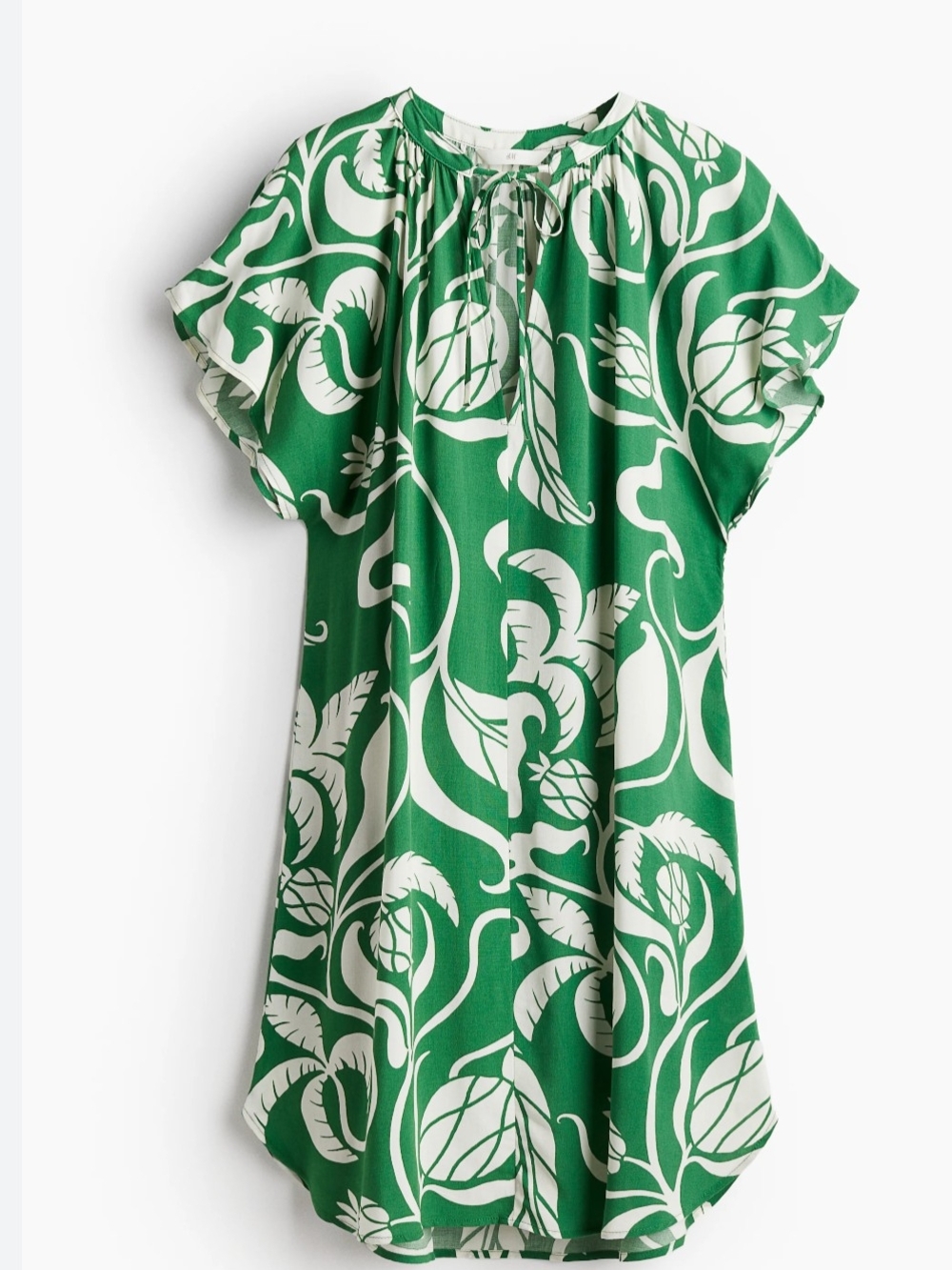 H&M Green and White Floral Tie-Neck Tunic Dress Pineapple Detail